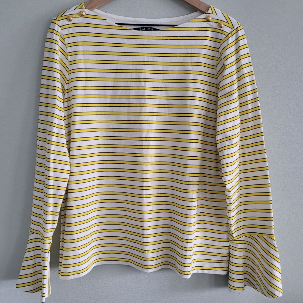 Lauren Ralph Lauren Striped Top Womens Size XL Yellow White Bell Sleeve Cotton